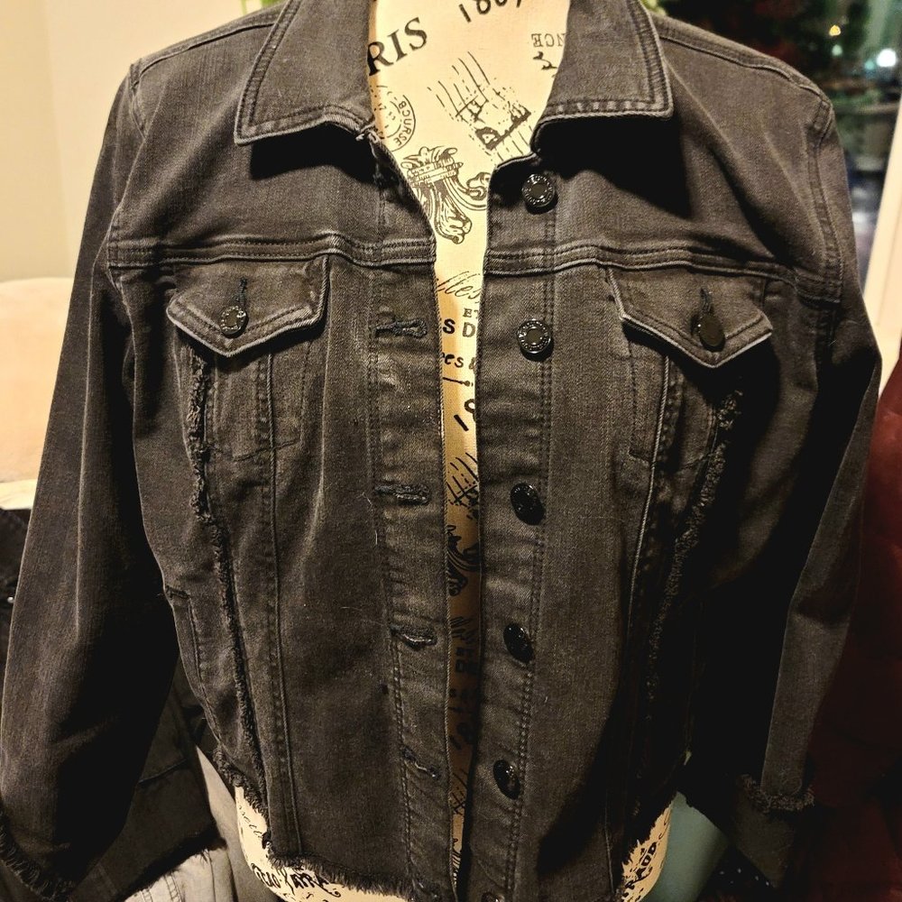 Maurices Women's Cropped Distressed Black Denim Jacket (L)